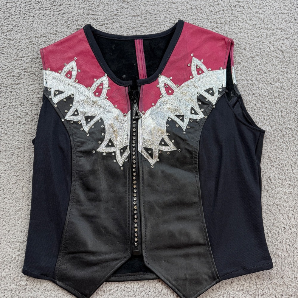 Vintage Y2K Rhinestone Metallic Leather Vest Black Burgundy Silver Cowboy XS